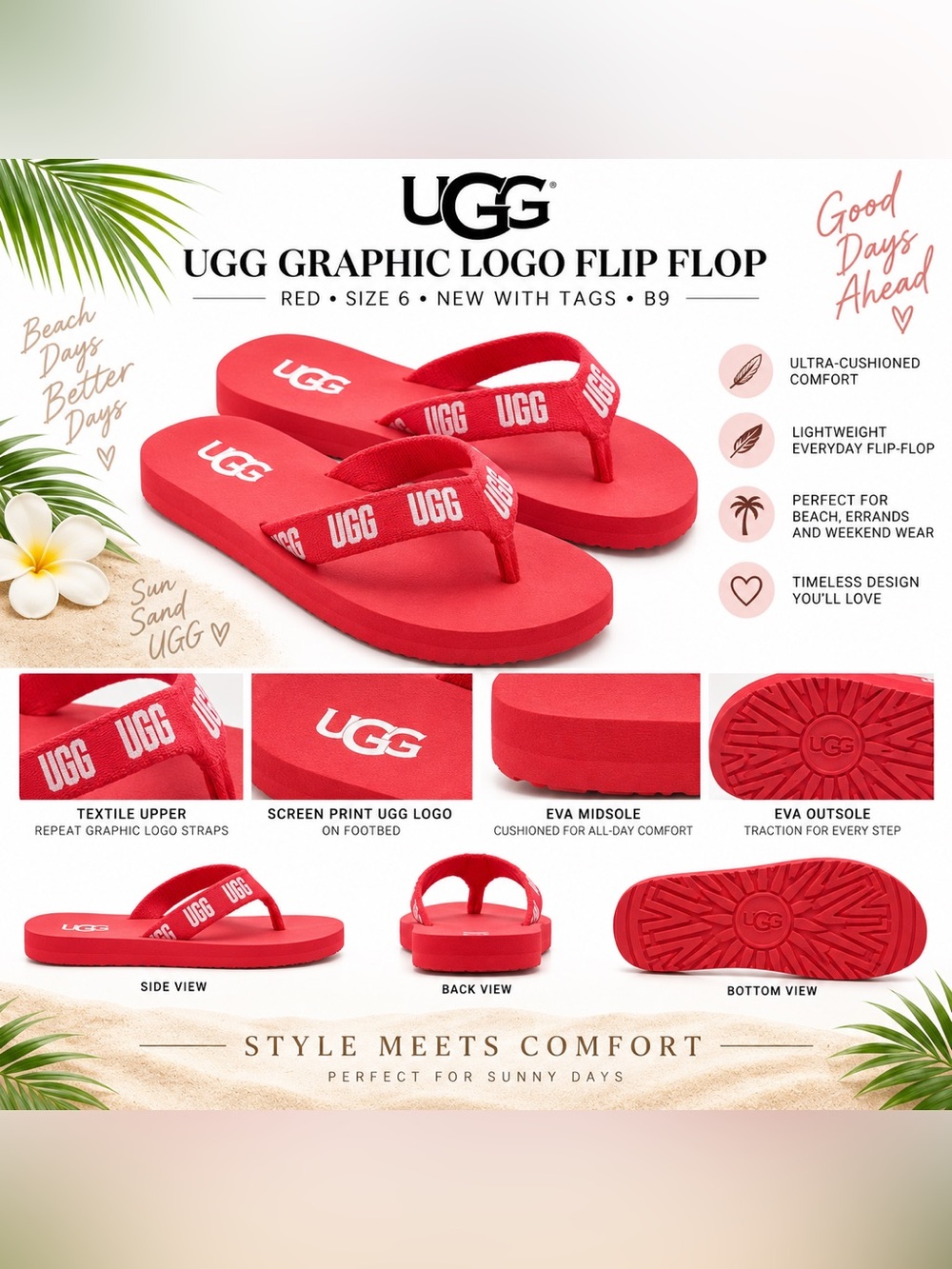 UGG GRAPHIC LOGO FLIP FLOP - RED SIZE 6 (NEW WITH TAGS) B9